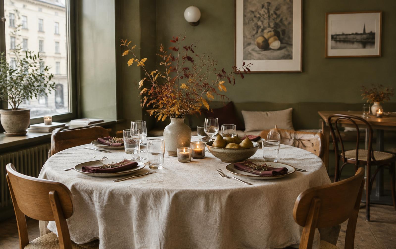 Höstdukat bord med päron, levande ljus och vinröda servetter
