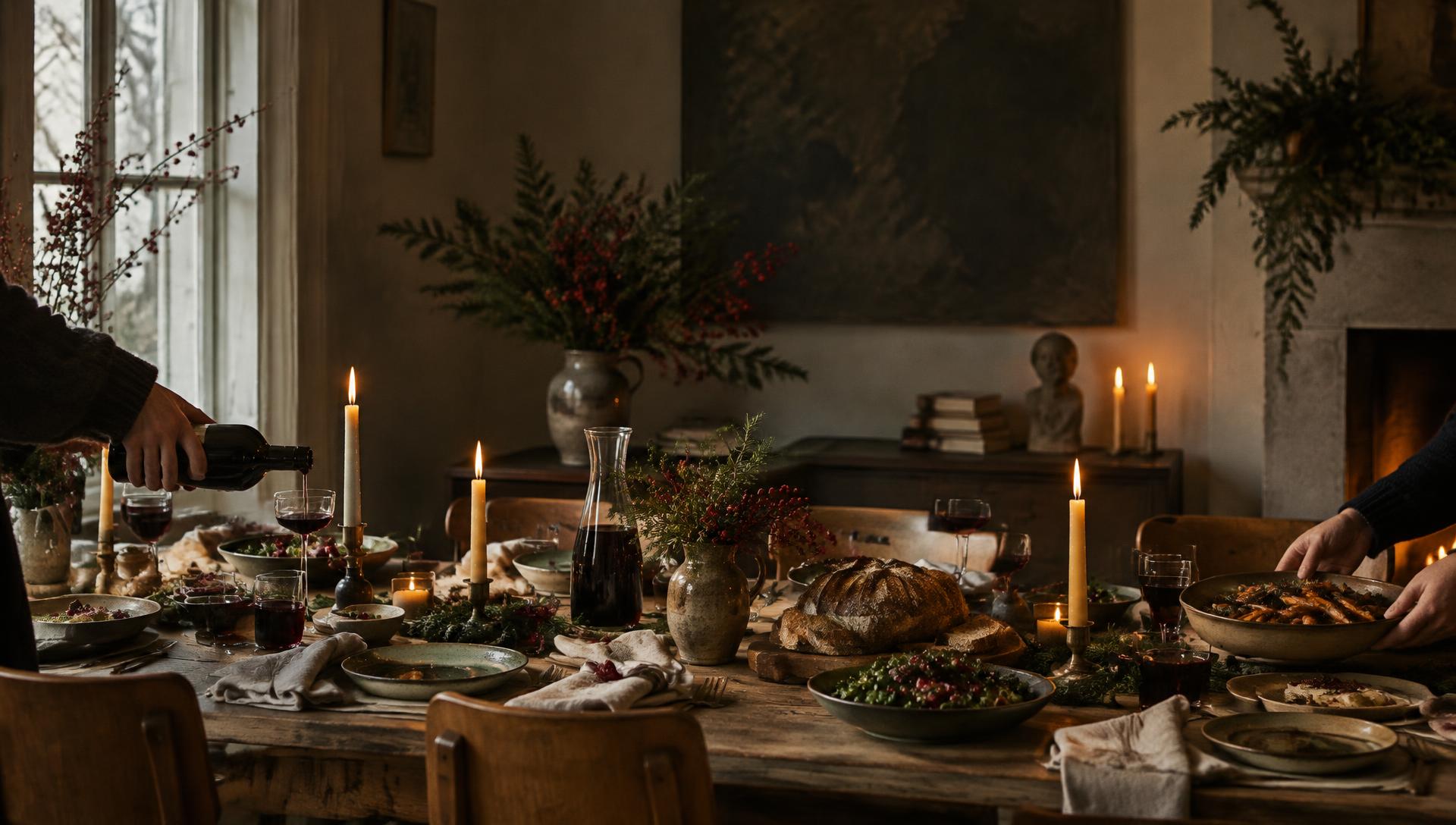 Ett juldukat långbord med levande ljus på Canteen